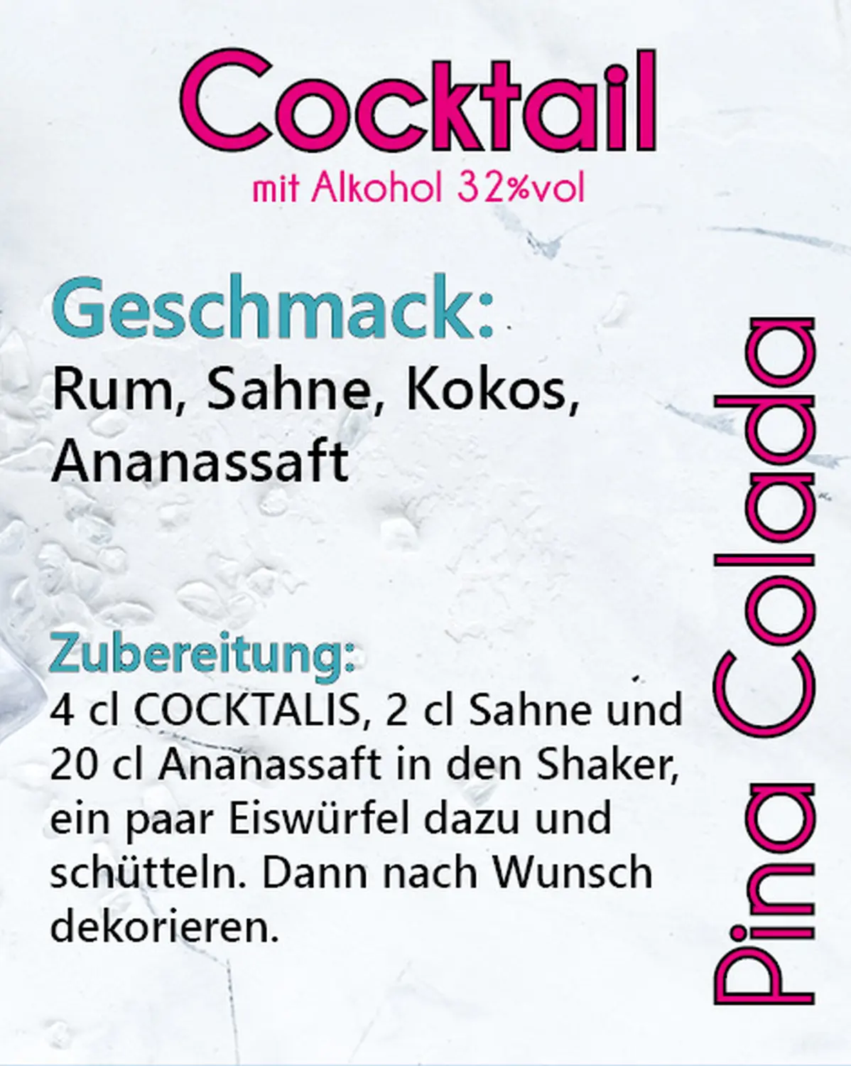 Pina colada Cocktails mit Alkohol von COCKTALIS Deutschland Menükarte
