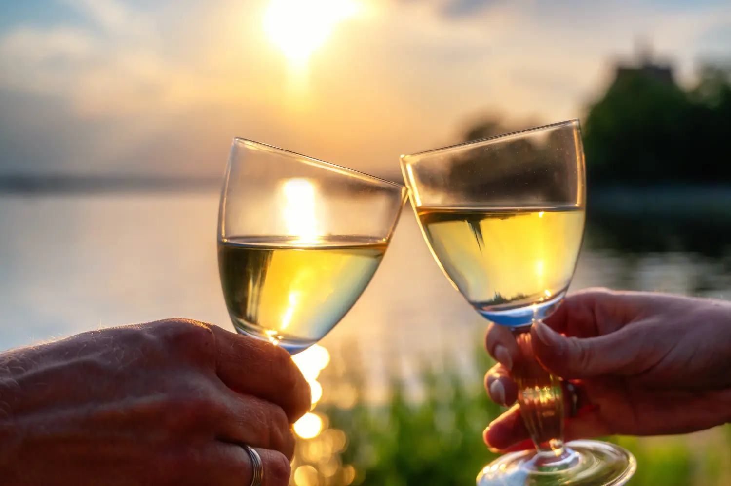 Ein Mann und eine Frau stoßen mit einem Glas Weißwein am Ufer von einem See an